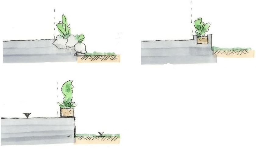 Handskizzen Übergang Terrasse zu Garten; 3 Varianten: 1. Natursteine mit Bepflanzung 2. gemauerter Pflanzentrog 3. gerade Abschlusskante mit mobilen Pflanztrögen