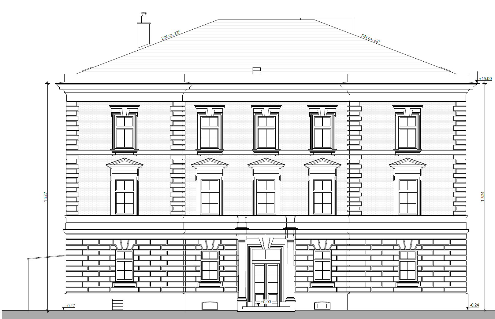 Technische Zeichnung einer Ansicht eines historischen Gebäudes mit gegliederter Putzfassade im Erdgeschoss und Sichtziegelfassade in den beiden Obergeschossen
